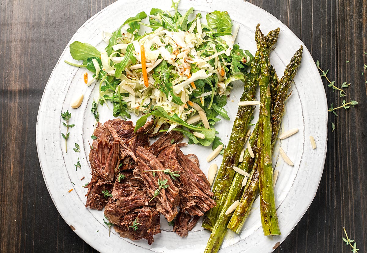 Pot Roast with Roasted Asparagus and Honey Mustard Slaw Pot Roast with Roasted Asparagus and Honey Mustard Slaw