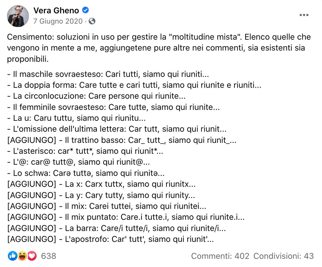 Il post di giugno 2020 in cui Vera Gheno censisce le soluzioni linguistiche in uso per parlare di moltitudine mista. Il post di giugno 2020 in cui Vera Gheno censisce le soluzioni linguistiche in uso per parlare di moltitudine mista.