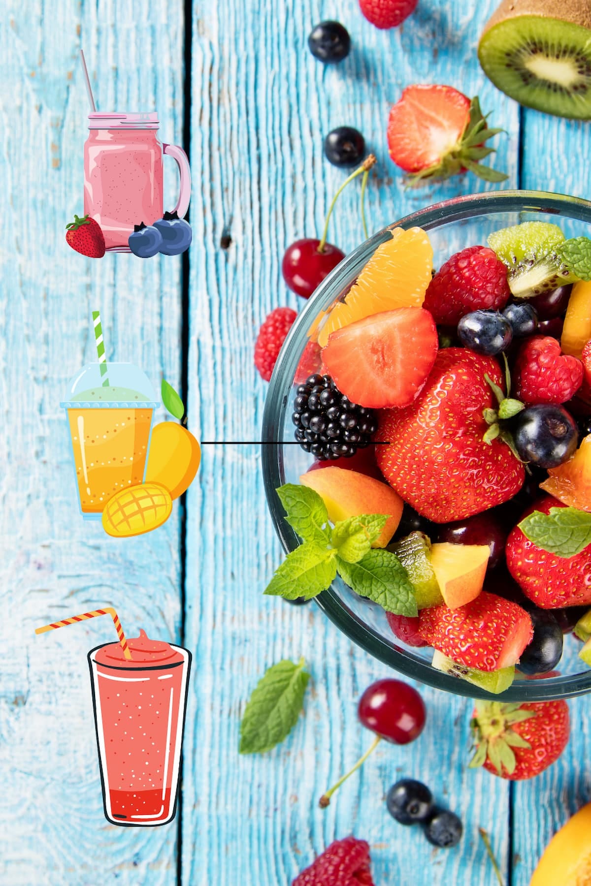 a photo of smoothies and fresh fruit on a blue table. 