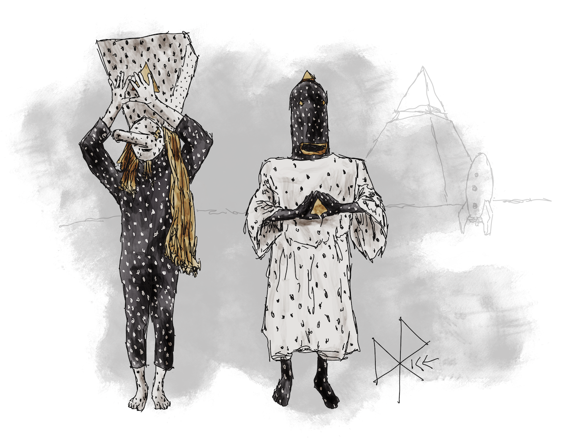 Khn de Poitrine and Klek de Poitrine send a farewell greeting to a planet’s inhabitants before heading off on another journey to entertain more folks. Sketch art by Don Rice. Khn de Poitrine and Klek de Poitrine send a farewell greeting to a planet’s inhabitants before heading off on another journey to entertain more folks. Sketch art by Don Rice.