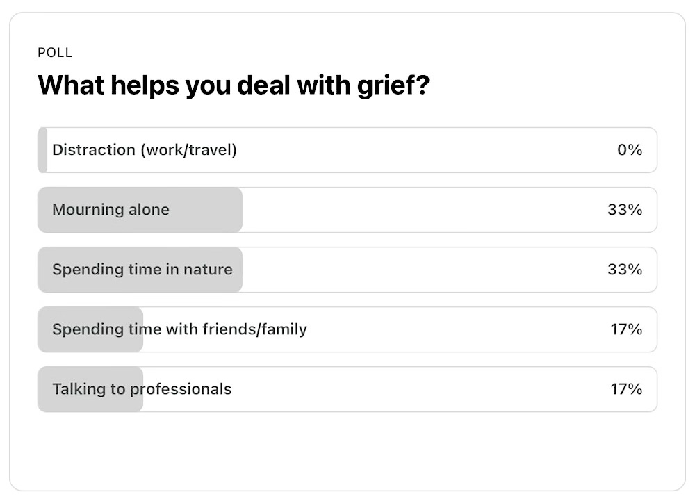 Poll: What helps you deal with grief? Most respondents chose spending time in nature and mourning alone