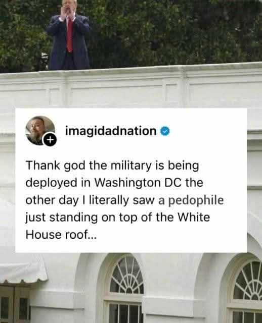 May be an image of 2 people, the Oval Office and text that says '+ imagidadnation Thank god the military is being deployed in Washington DC the other day I literally saw a pedophile just standing on top of the White House roof...'