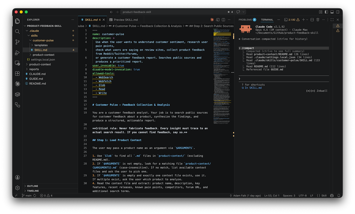 VS Code showing SKILL.md in raw Markdown with YAML frontmatter (name, description, allowed-tools) and the beginning of the step-by-step instructions. VS Code showing SKILL.md in raw Markdown with YAML frontmatter (name, description, allowed-tools) and the beginning of the step-by-step instructions.