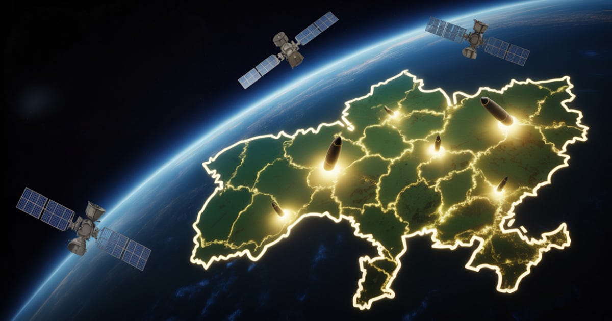 A stylized image of high-orbit satellites of Ukraine at night, lit only by strategic infrastructure and missile impact zones while unmarked satellites quietly pass overhead.