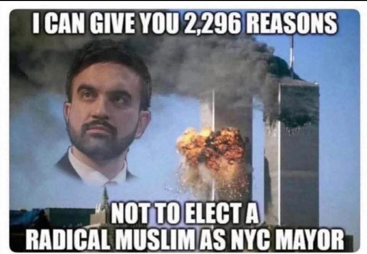 An image overlaying a serious man in a suit with a background of the burning Twin Towers on 9/11, smoke rising, and text reading I can give you 2296 reasons not to elect a radical Muslim as NYC mayor.