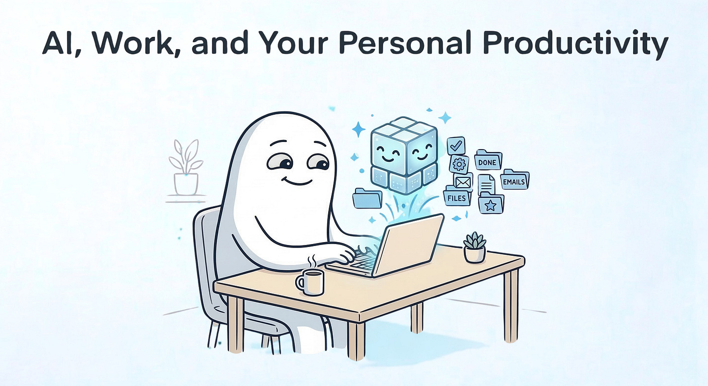 A minimalist, light-blue line-art illustration of a friendly blob-like character sitting at a wooden desk and typing on a laptop. A smiling, glowing blue spirit emerges from the laptop, gesturing toward floating blue folders labeled 'DONE,' 'EMAILS,' and 'FILES,' and icons for a checklist and settings. In the background, above and to the right, a line graph with the text 'PRODUCTIVITY' shows a clear upward trend with a rising arrow and star details.