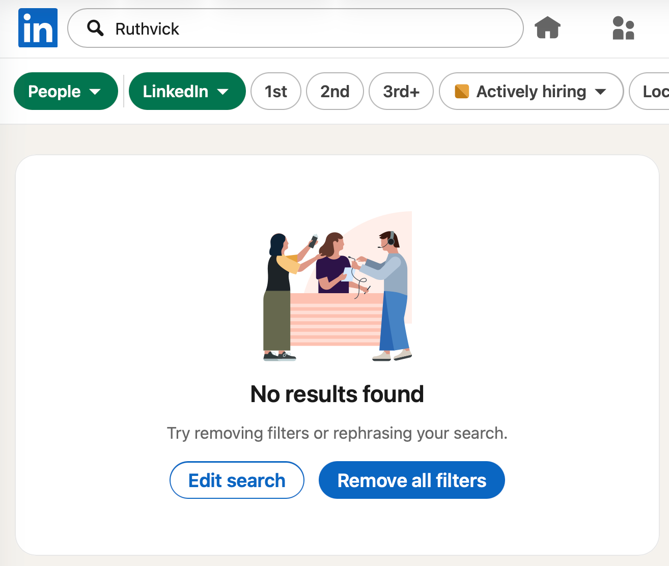 Screenshot of LinkedIn search result. “Ruthvick” at “LinkedIn”. No results found.