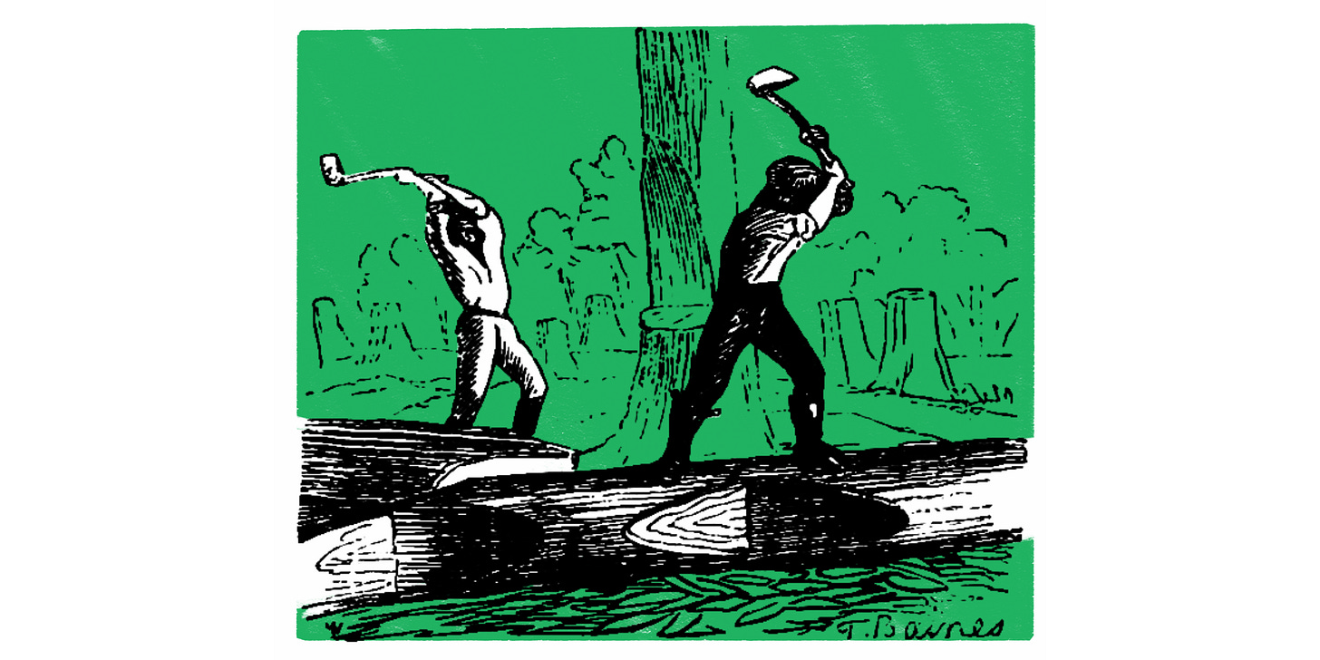 Forest being cut down by men with axes. Modified vintage public domain illustration. Black and white with one element highlighted green.