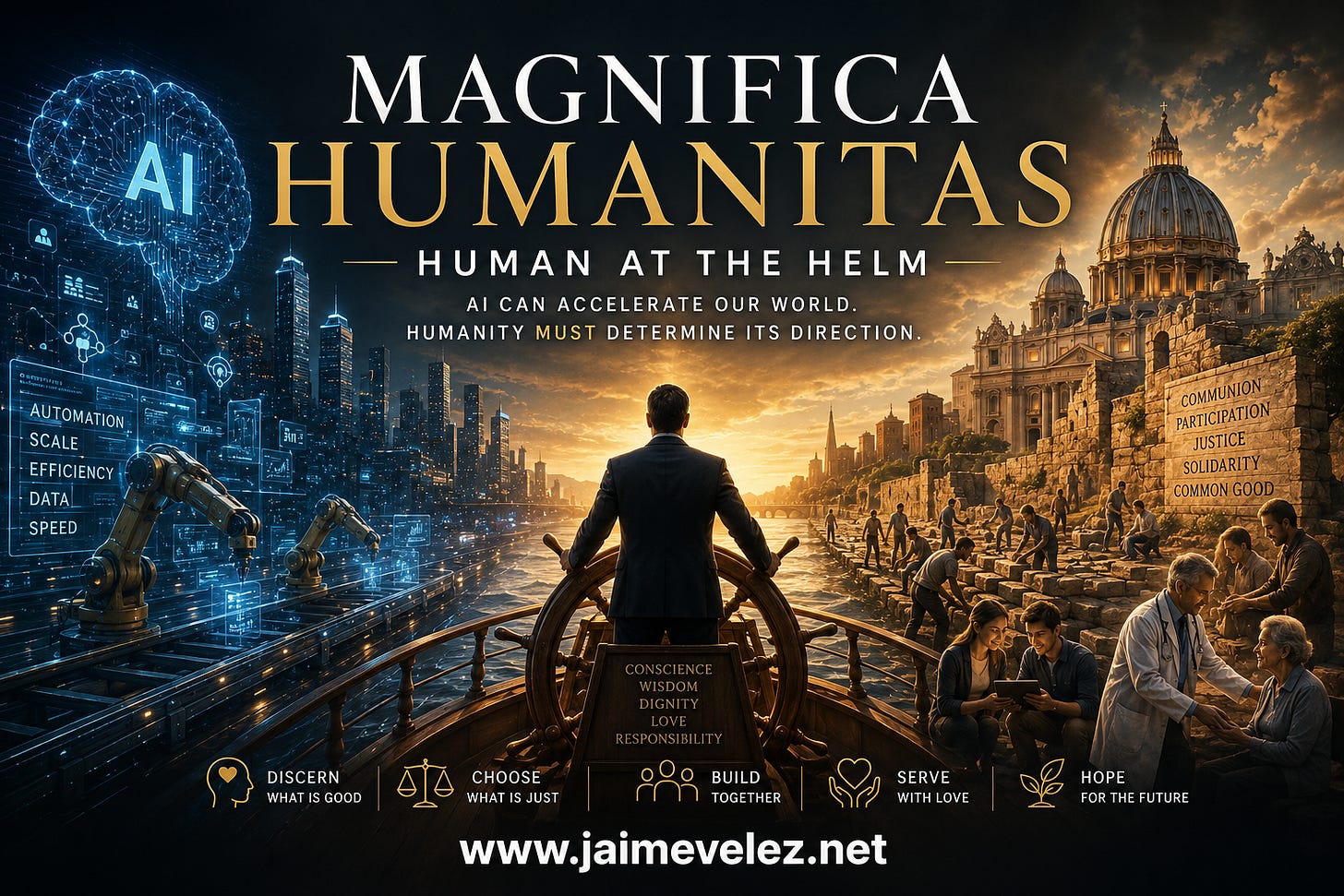 Cinematic hero image for Magnifica Humanitas and AI showing a human figure at the helm between artificial intelligence, automation, Vatican-inspired architecture, and people rebuilding a more humane future, representing the need for human judgment, dignity, wisdom, and conscience in the age of AI.