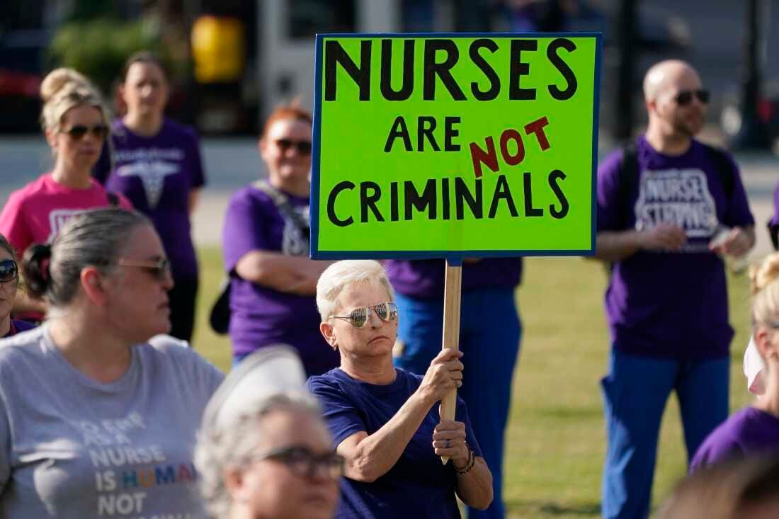 People demonstrate outside the courthouse where the sentencing hearing for former nurse RaDonda Vaught was held on May 13, 2022, in Nashville, Tenn. People demonstrate outside the courthouse where the sentencing hearing for former nurse RaDonda Vaught was held on May 13, 2022, in Nashville, Tenn.
