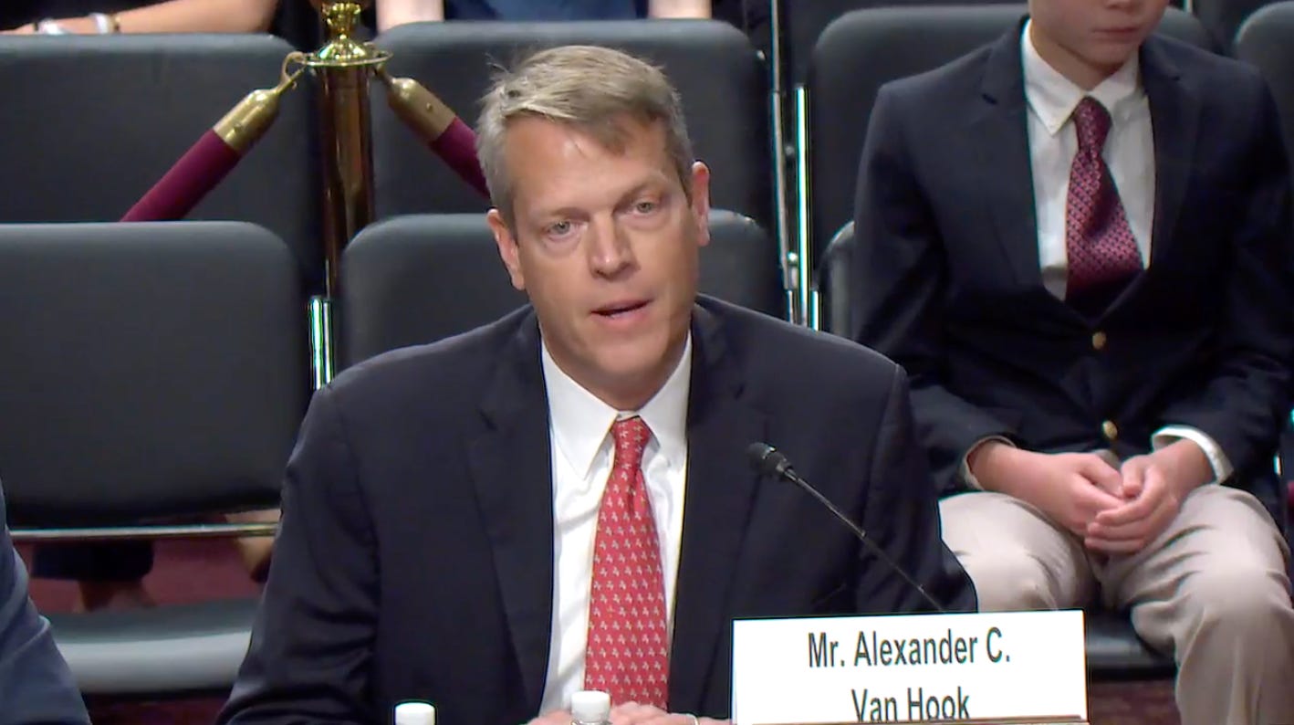 Alexander Van Hook testifying before the Senate Judiciary Committee