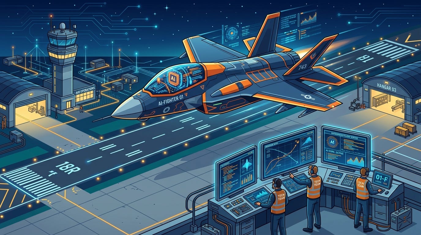 Flat isometric illustration of a fighter jet flying autonomously above a runway with a glowing AI core visible inside the cockpit instead of a pilot, ground crews watching data screens below, dark sky background, clean vector art style, blue and orange color palette, modern aerospace technology editorial aesthetic Flat isometric illustration of a fighter jet flying autonomously above a runway with a glowing AI core visible inside the cockpit instead of a pilot, ground crews watching data screens below, dark sky background, clean vector art style, blue and orange color palette, modern aerospace technology editorial aesthetic