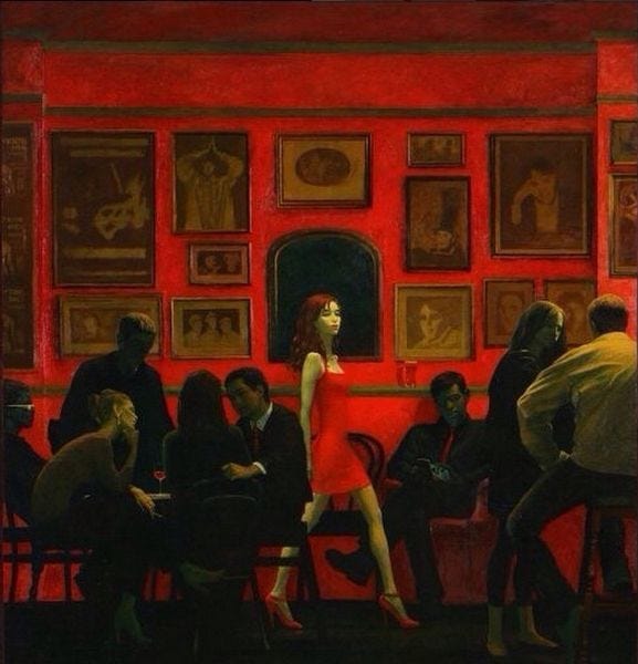 This may contain: a painting of a woman in a red dress sitting at a table surrounded by people