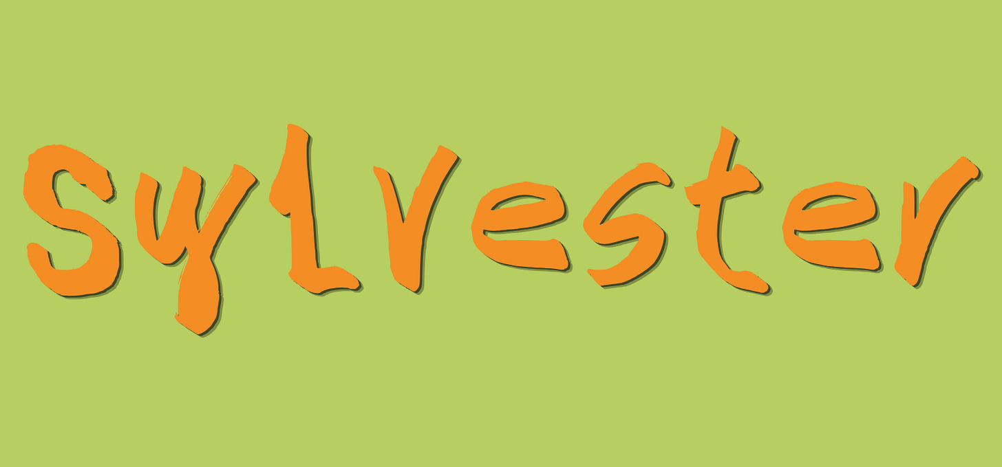 "Sylvester" written in orange, handwriting style font
