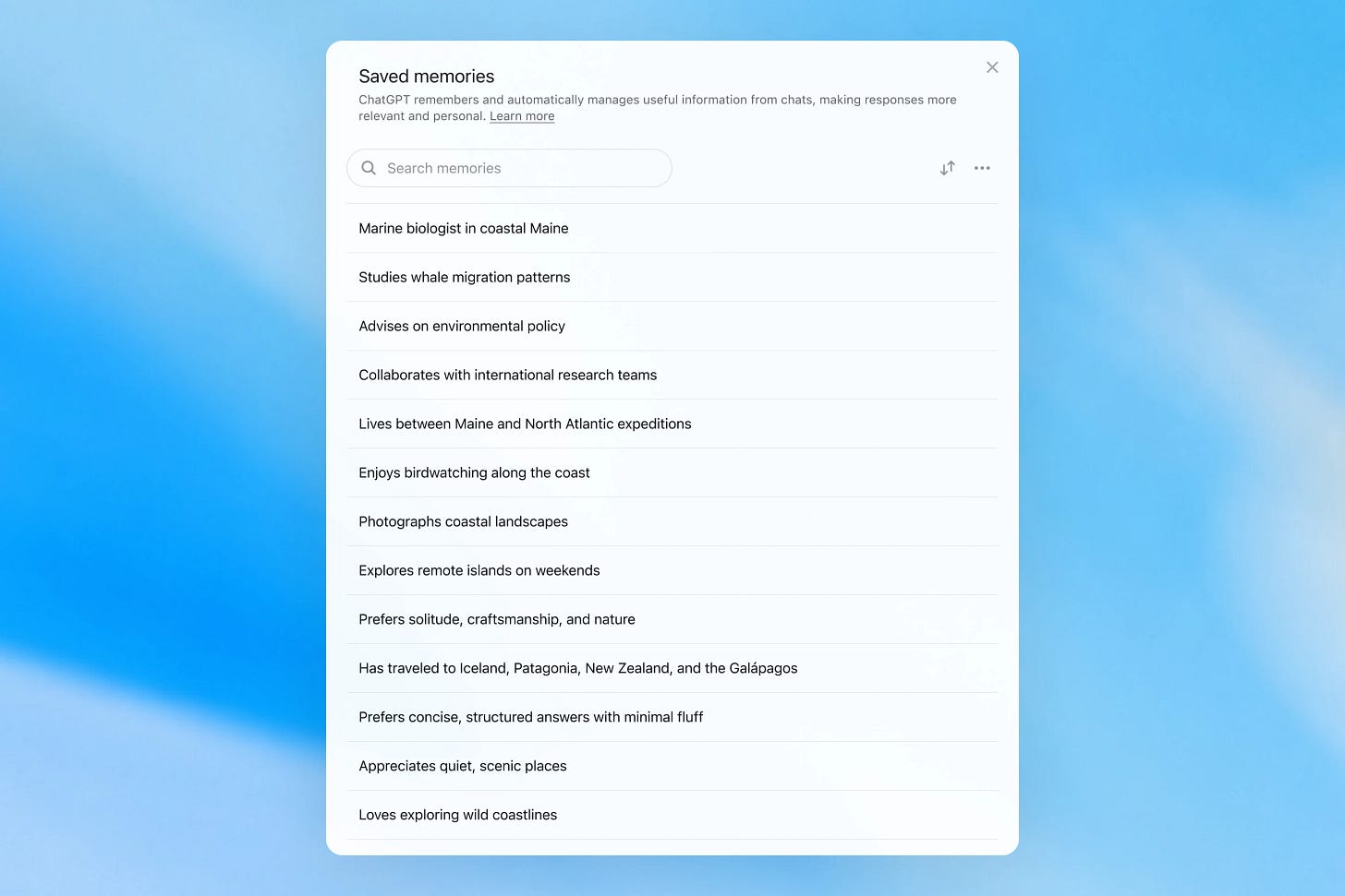 Saved memories modal showing a searchable list of personal details, including work, interests, travel, and response preferences. Saved memories modal showing a searchable list of personal details, including work, interests, travel, and response preferences.