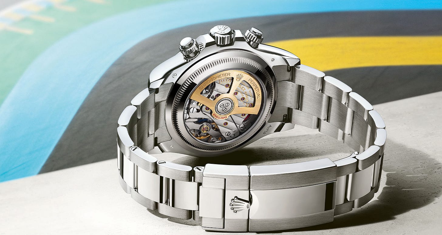 The calibre 4132, exclusive to this watch, can be seen through the exhibition caseback of the Rolex Oyster Perpetual Cosmograph Daytona 24 Hours of Le Mans Anniversary Edition. The calibre 4132, exclusive to this watch, can be seen through the exhibition caseback of the Rolex Oyster Perpetual Cosmograph Daytona 24 Hours of Le Mans Anniversary Edition.