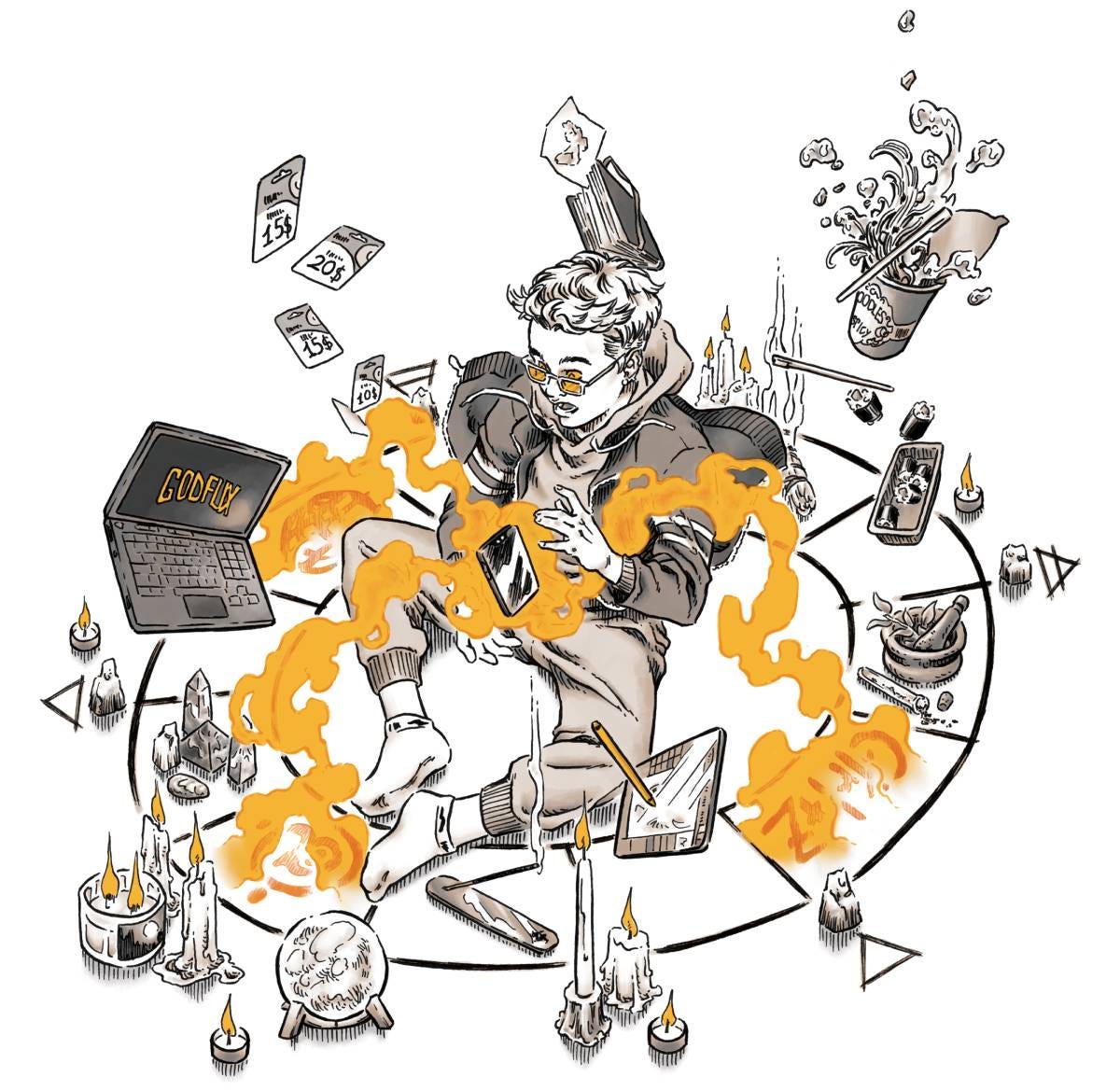 An Epigone doing a ritual on a magic circle using tablets, smartphones and notebooks. An Epigone doing a ritual on a magic circle using tablets, smartphones and notebooks.