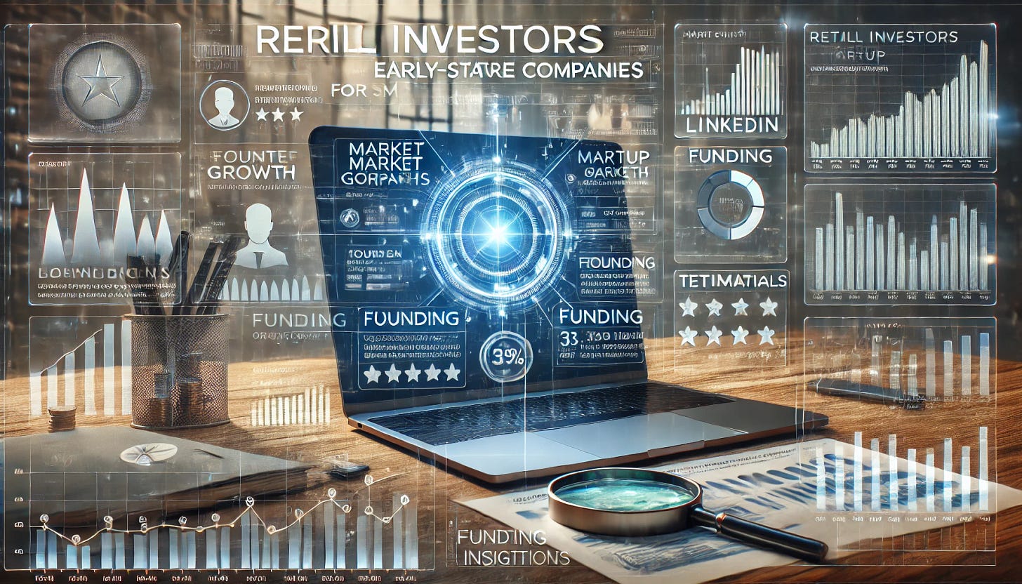 An engaging image representing retail investors researching early-stage companies: a futuristic workspace with a laptop displaying startup data, charts showing market growth, a profile of a founder on LinkedIn, and magnifying glasses over funding and testimonials. No title or text included in the image. The aesthetic is modern, dynamic, and emphasizes actionable insights for smart investing.