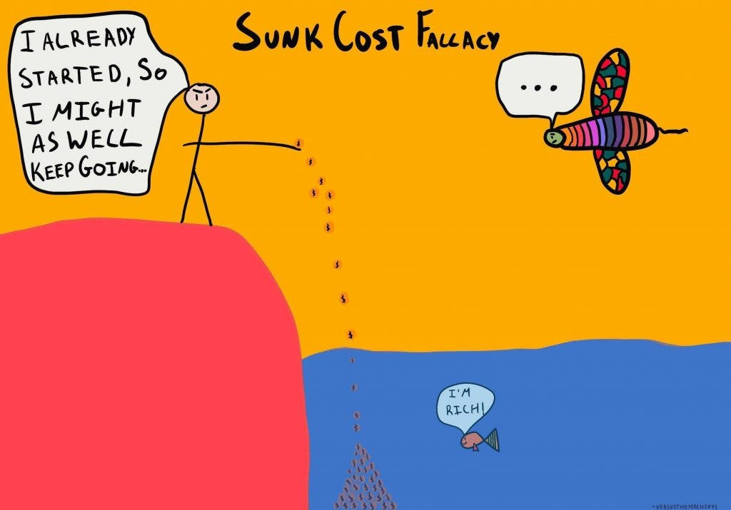 A cartoon illustrating the sunk cost fallacy. A stick figure stands at the edge of a cliff, throwing coins into the water below, saying, 'I already started, so I might as well keep going...' A fish in the water has a speech bubble saying, 'I’m rich!' while a nearby insect with a speech bubble containing ellipses ('...') observes the situation. The image humorously depicts the irrational decision to continue investing in a failing endeavor due to the amount already invested.