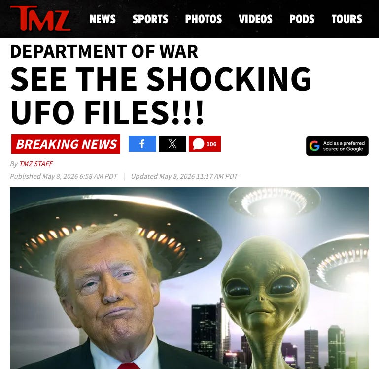 Screenshot of TMZ's alien headline with picture of flying saucer, President Donald Trump and a green alien Screenshot of TMZ's alien headline with picture of flying saucer, President Donald Trump and a green alien
