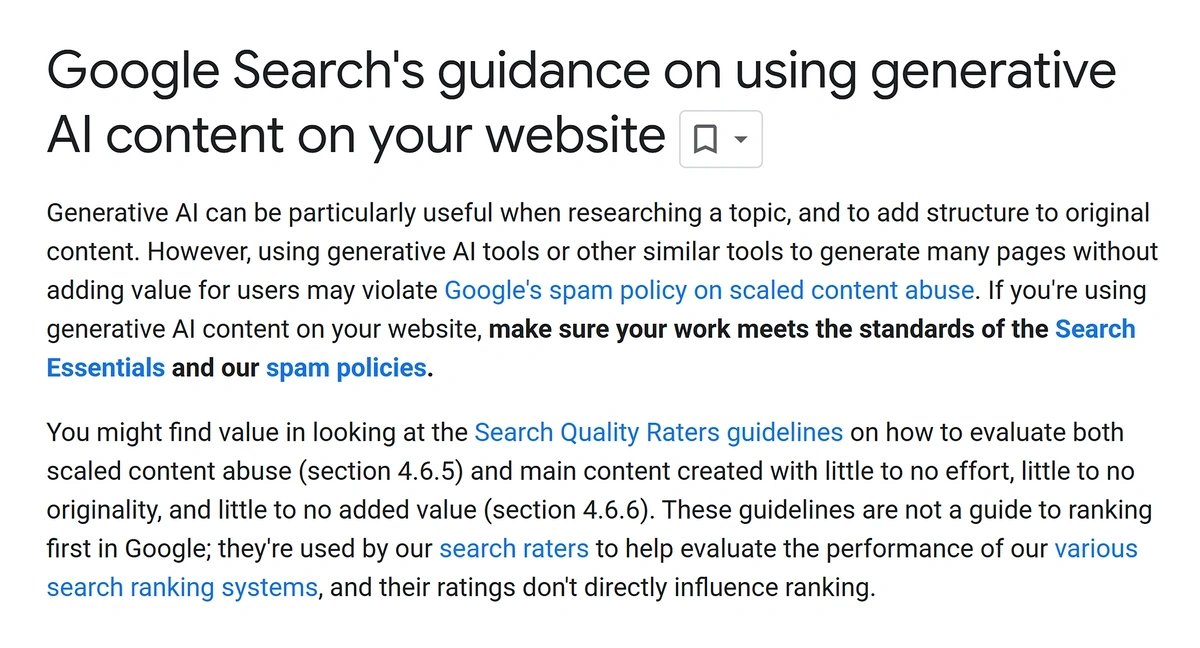Exceprt from Google's guidance on using AI content