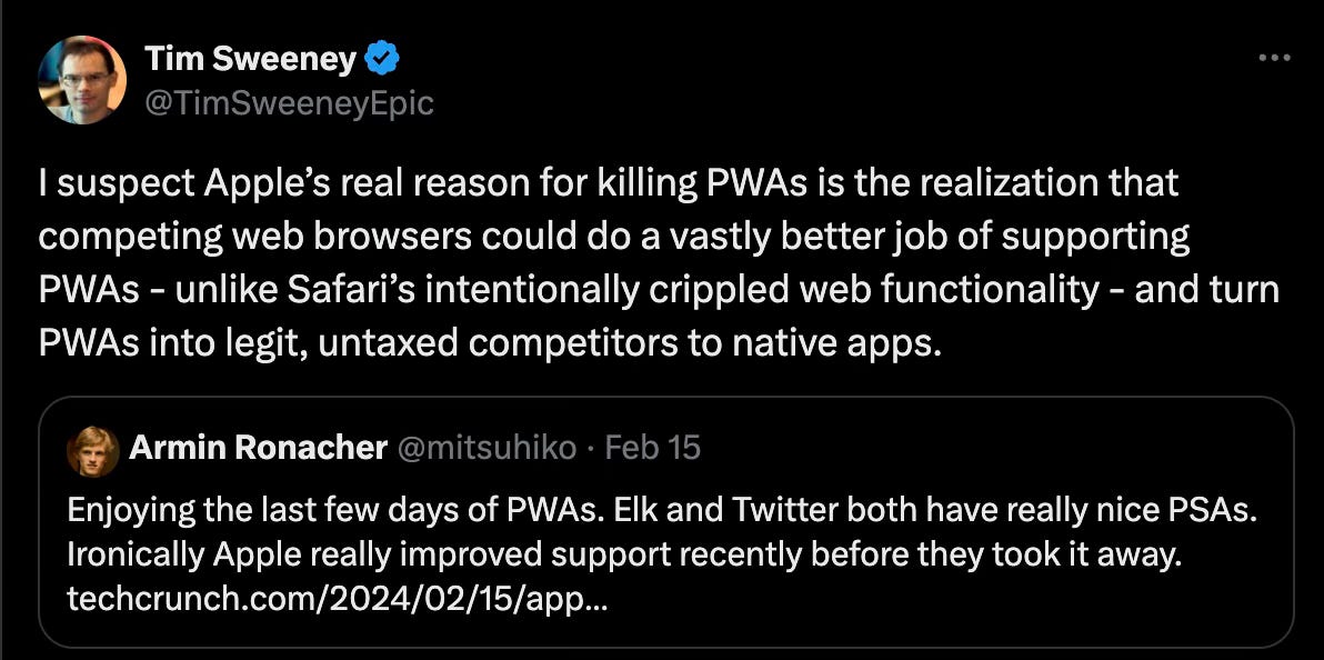 Tim Sweeney on Apple banning Progressive Web Apps