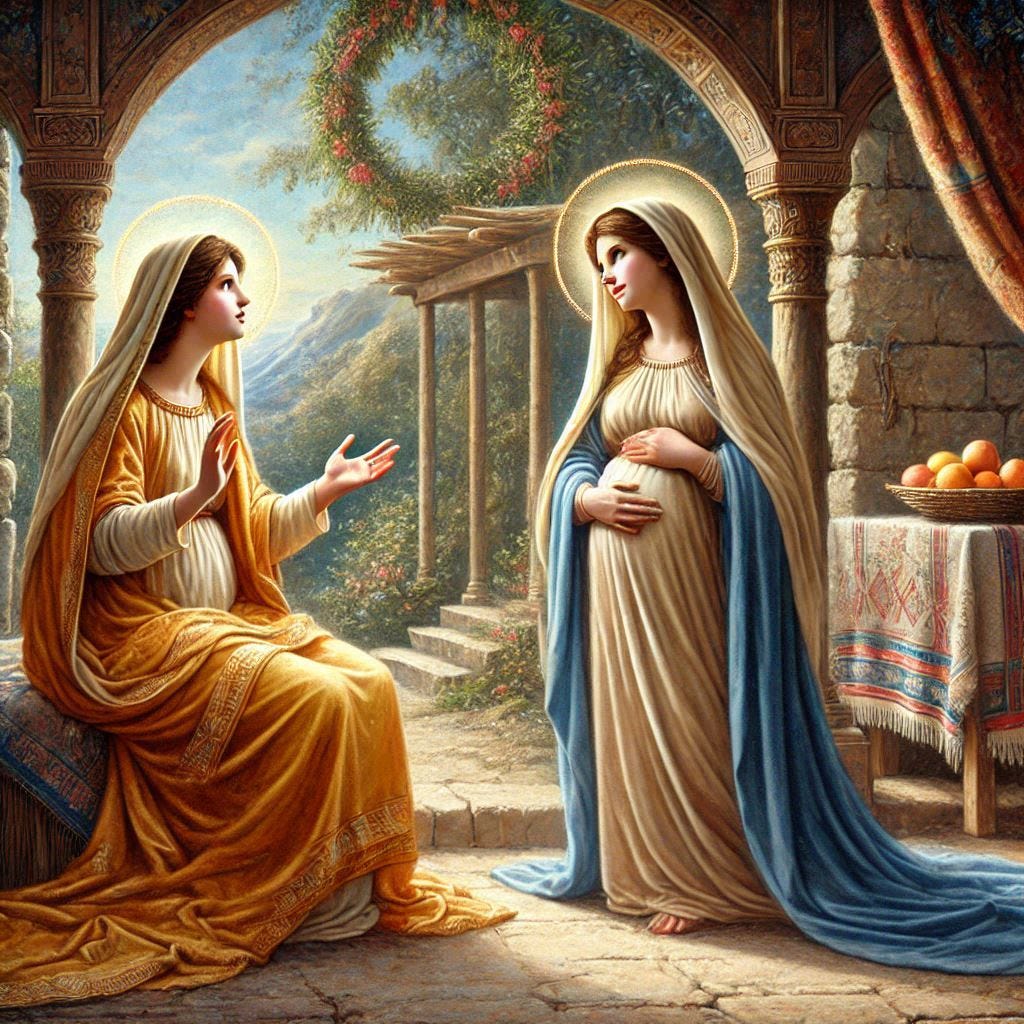 The Blessed Virgin Mary meeting Elizabeth at the house of Zechariah while both are pregnant