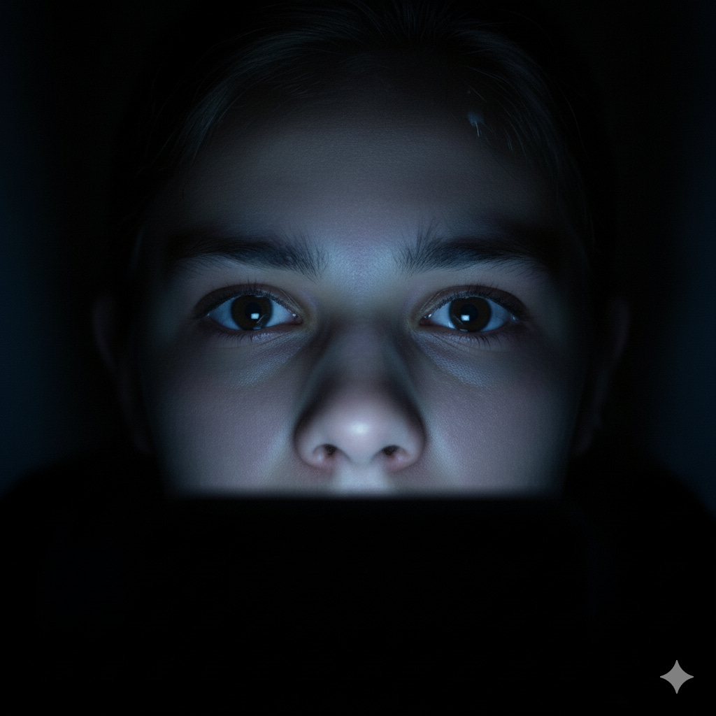 A person's face stares forward, hypnotically absorbed, lit only by the harsh blue-white light of a screen in a pitch-black room.