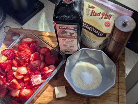 Finished slice ready to eat. Ingredients for Strawberry Balsamic Pie Filling. Finished Pie just out of the oven.