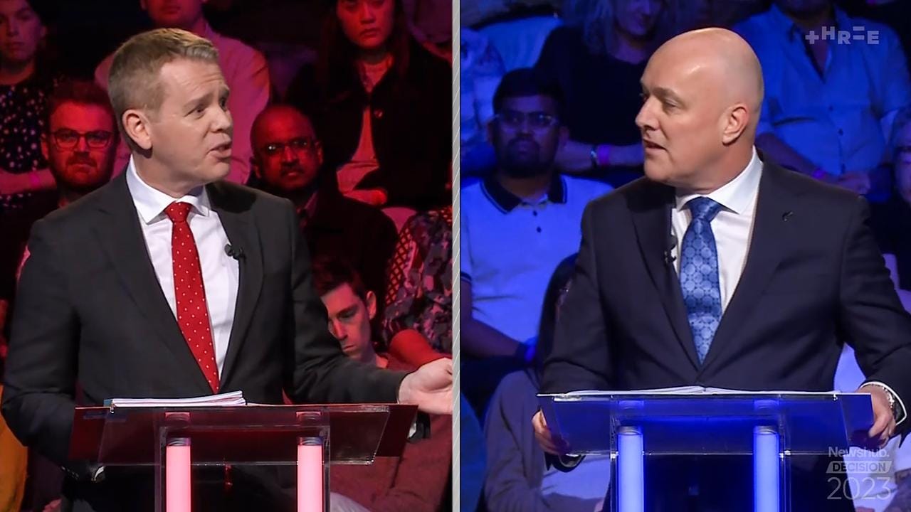 Hipkins and Luxon debated in 2023. Hipkins and Luxon debated in 2023.