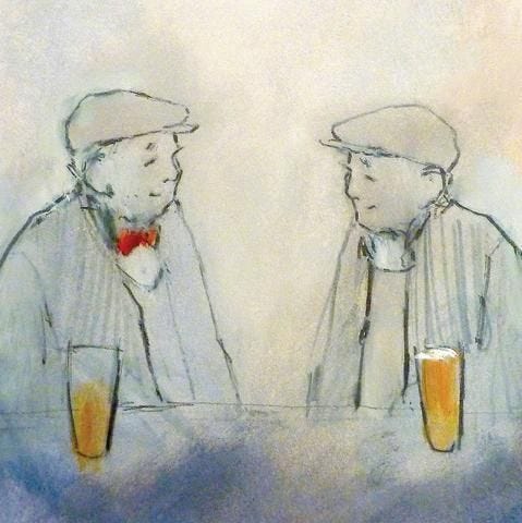 This may contain: drawing of two men sitting at a table with beer glasses in front of their faces