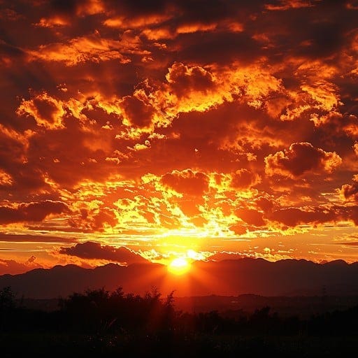 As the day comes to an end, the horizon is set ablaze with the fiery hues of the setting sun. The clouds are illuminated from below, creating a dramatic and vibrant tapestry of colors that stretch across the sky. This breathtaking scene captures the peaceful yet powerful transition from day to night, as the last rays of sunlight bid farewell to the world below.