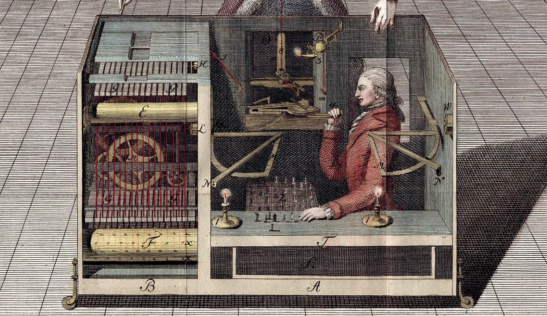 Via Wikipedia: A cross-section of the Mechanical Turk, showing how Joseph Racknitz thought the operator sat inside as he played his opponent. Racknitz was wrong about both the operator's position and the dimensions of the automaton