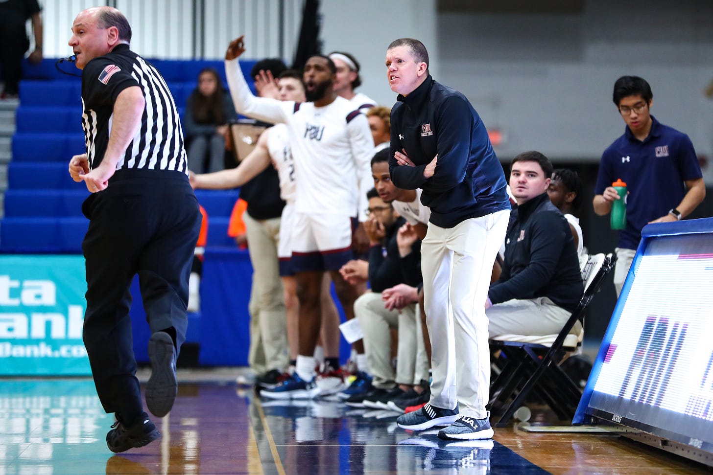 Fairleigh Dickinson is 10-8 (3-0 NEC) under new coach Tobin Anderson (front, center). (Photo by Larry Levanti / courtesy of Fairleigh Dickinson athletics) Fairleigh Dickinson is 10-8 (3-0 NEC) under new coach Tobin Anderson (front, center). (Photo by Larry Levanti / courtesy of Fairleigh Dickinson athletics)