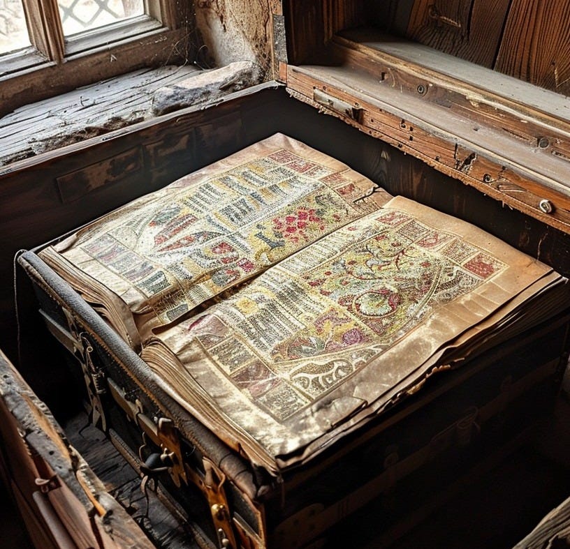 An aged, ornate manuscript lies open inside a rustic wooden chest near a sunlit window An aged, ornate manuscript lies open inside a rustic wooden chest near a sunlit window