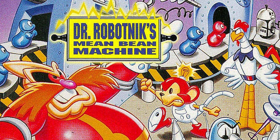 Cartoon scene with colorful characters and machines. "Dr. Robotnik's Mean Bean Machine" text in bold on a bright yellow sign. Playful mood.