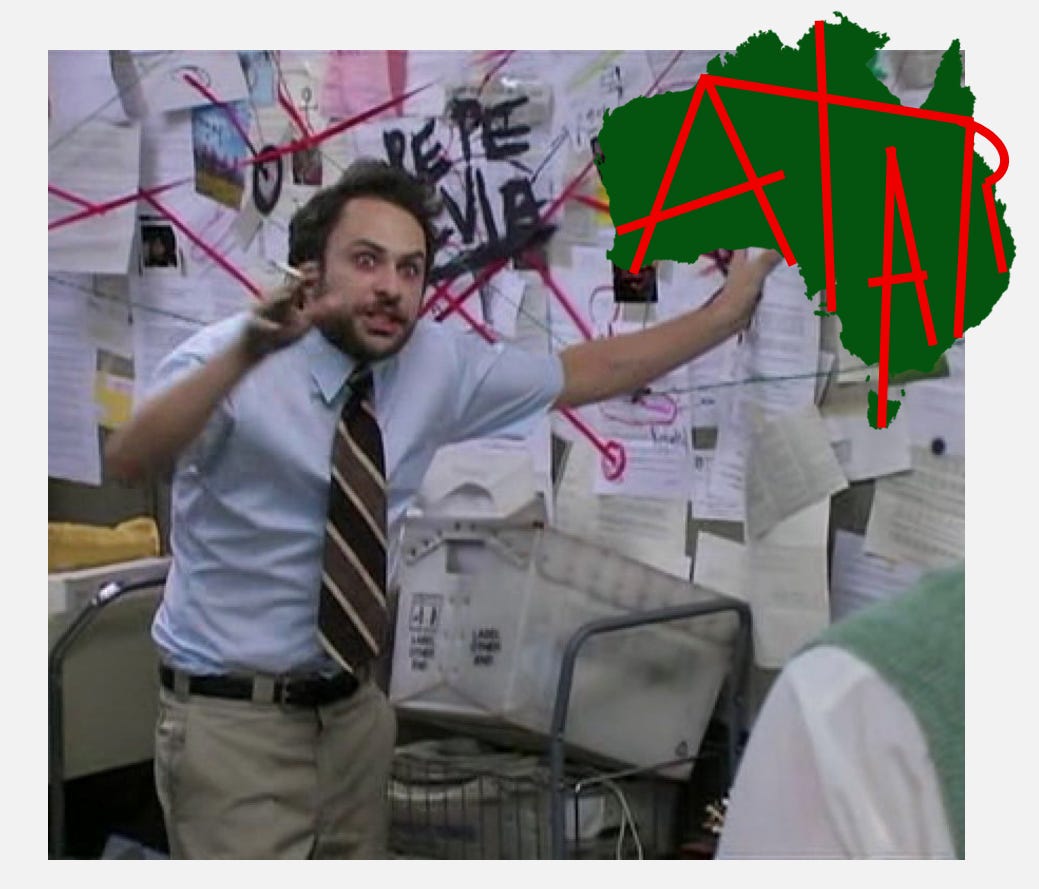 conspiracy meme with a map of Australia on the wall with the cities connected to form "ATAR"