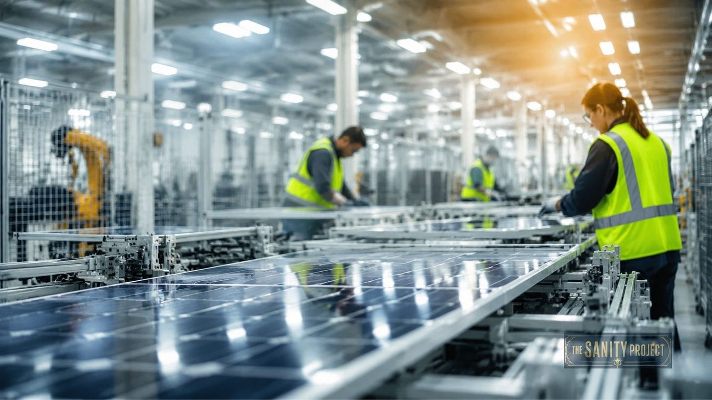 Workers on a clean-technology manufacturing floor, representing the real jobs behind the carbon tax 2.0 debate.