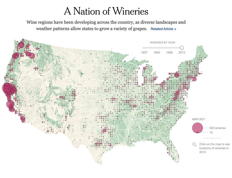 A Nation of Wineries: Wine regions have been developing across the U.S., as diverse landscapes and weather patterns allow states to grow a variety of grapes. Archived article from The New York Times, July 5, 2013