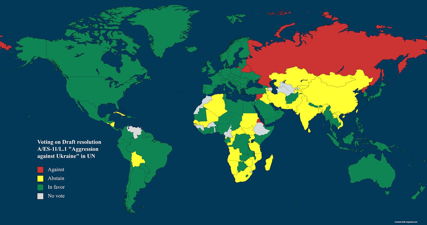 Voting on Draft resolution A/ES-11/L.1 "Aggression against Ukraine" in UN :  r/MapPorn