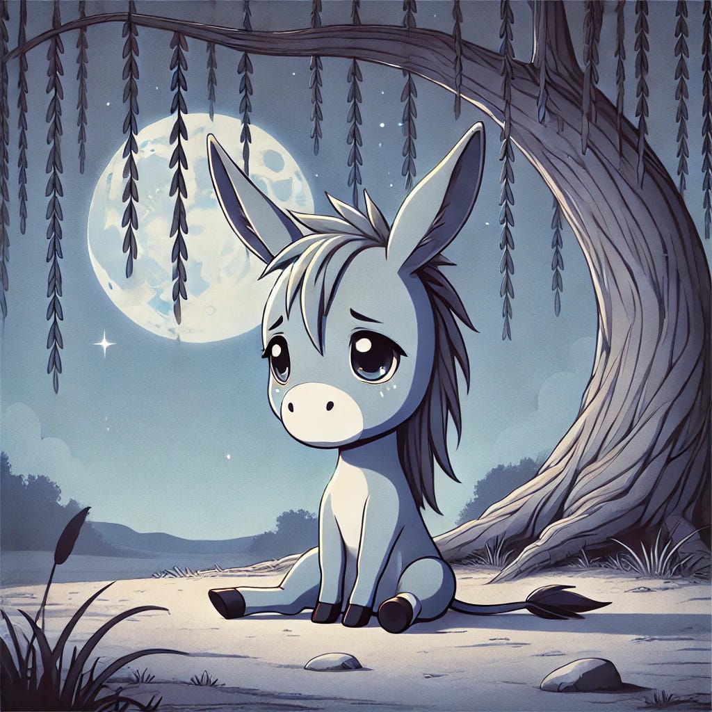 A stylized anime illustration of a depressed donkey. The donkey is sitting alone under a large, drooping willow tree. It has long, floppy ears, big sad eyes, and a slumped posture, emphasizing its melancholic expression. The setting is a tranquil, moonlit night with a few scattered stars in the sky. The color palette is dominated by soft blues and grays, with gentle lighting that casts a soothing glow on the scene, enhancing the emotional depth of the donkey's expression.