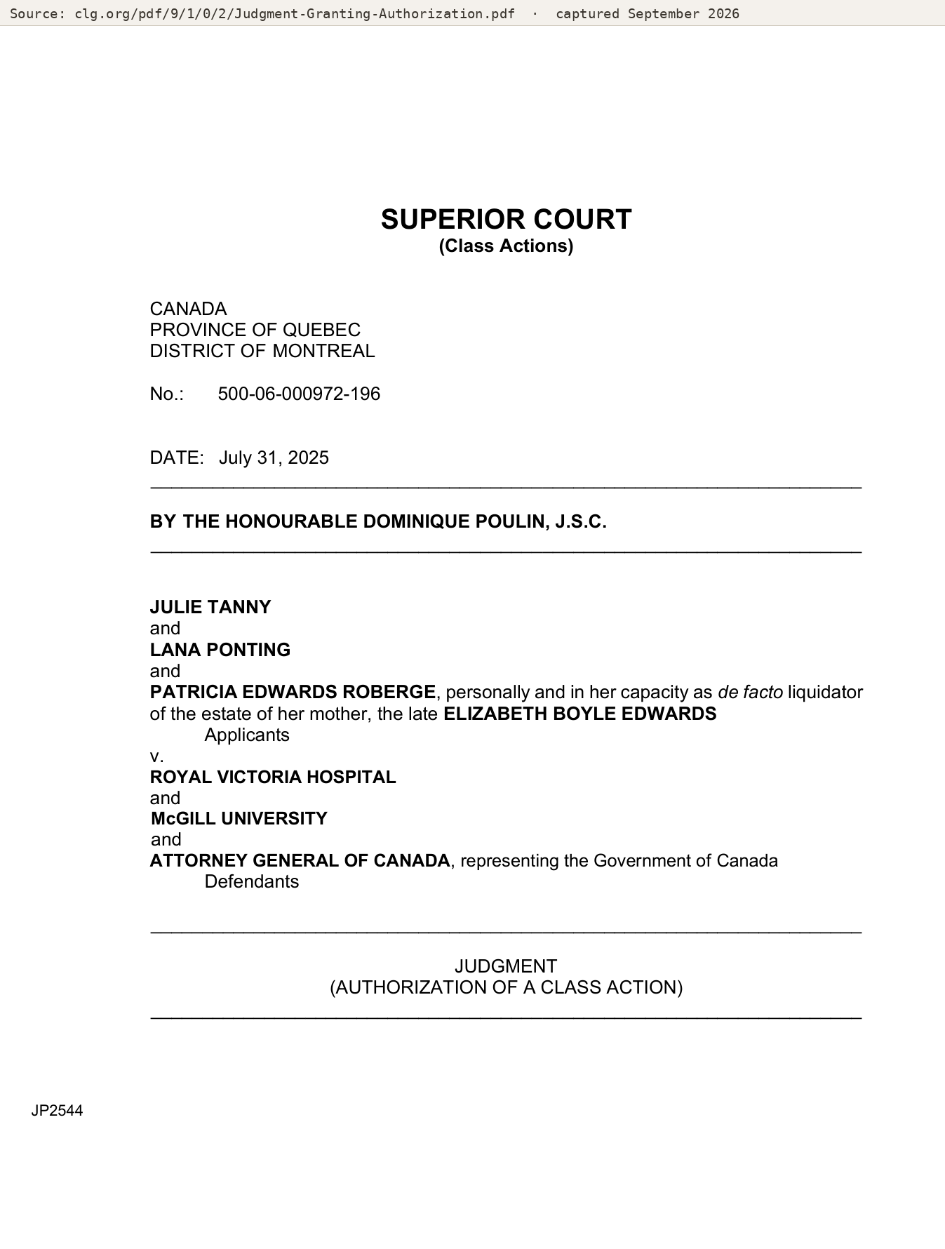 First page of the Quebec Superior Court judgment of July 31, 2025 authorizing the class action naming the Royal Victoria Hospital, McGill University and the Attorney General of Canada