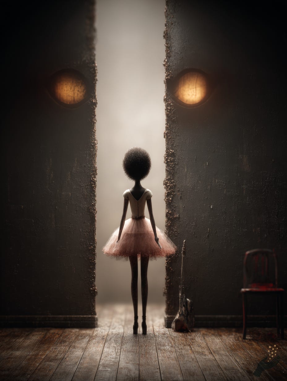 Surreal artwork of a small pale figure standing between tall dark walls with a bright vertical opening and warm orange lights.