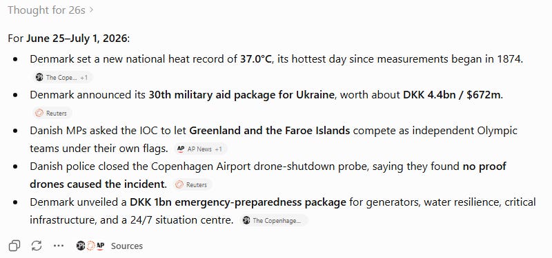 ChatGPT screenshot listing five Denmark news stories from an English-language search: record heat, Ukraine aid, Greenland Olympics bid, drone probe, emergency-prep package.