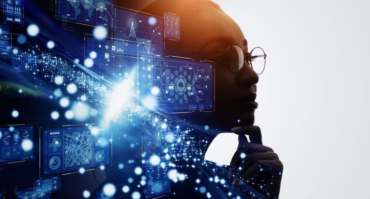 Black woman in front of a technology swirl.