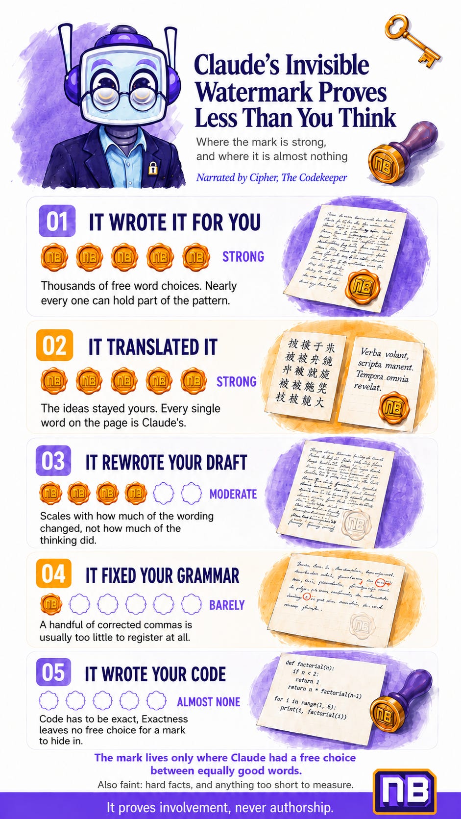 Infographic narrated by Cipher explaining where Claude’s invisible watermark is strongest: strong in original writing and translation, moderate in rewrites, barely detectable in grammar fixes, and almost absent in code. Infographic narrated by Cipher explaining where Claude’s invisible watermark is strongest: strong in original writing and translation, moderate in rewrites, barely detectable in grammar fixes, and almost absent in code.