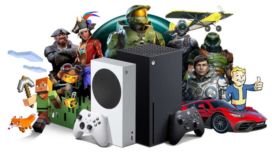 Various characters from Xbox games standing behind an Xbox Series X and Xbox Series S Various characters from Xbox games standing behind an Xbox Series X and Xbox Series S
