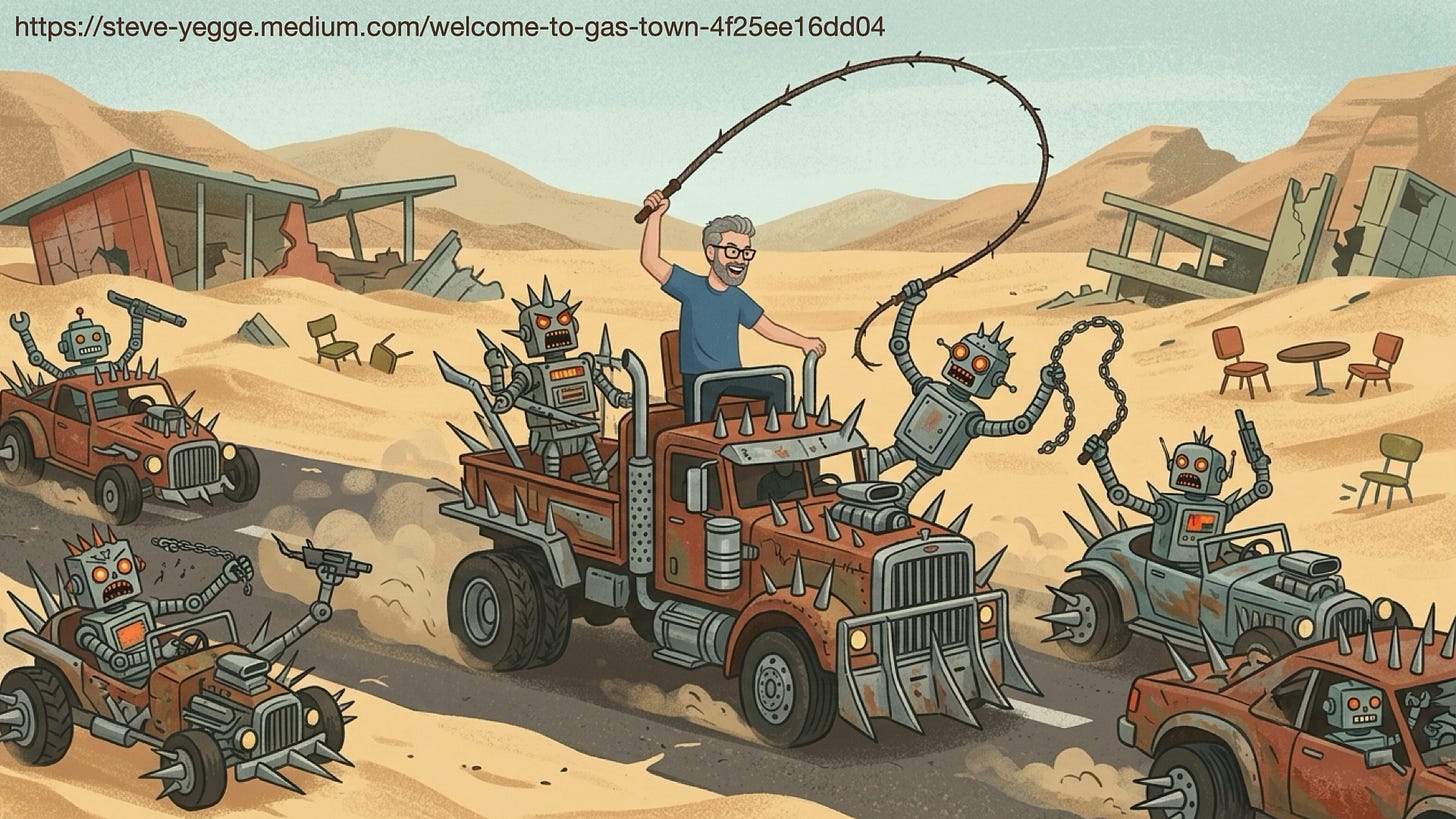 Illustration: a post-apocalyptic "Gas Town" — a man riding a spiked war truck, cracking a whip over scrappy robots Illustration: a post-apocalyptic "Gas Town" — a man riding a spiked war truck, cracking a whip over scrappy robots