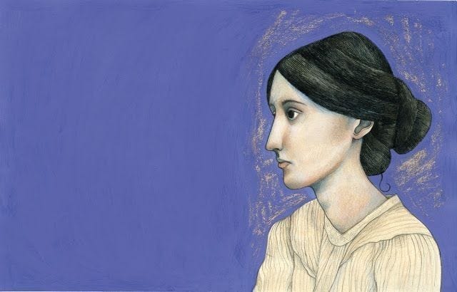 Ilustração de Virgina Woolf. Uma mulher de perfil com um coque sobre um fundo azul.
