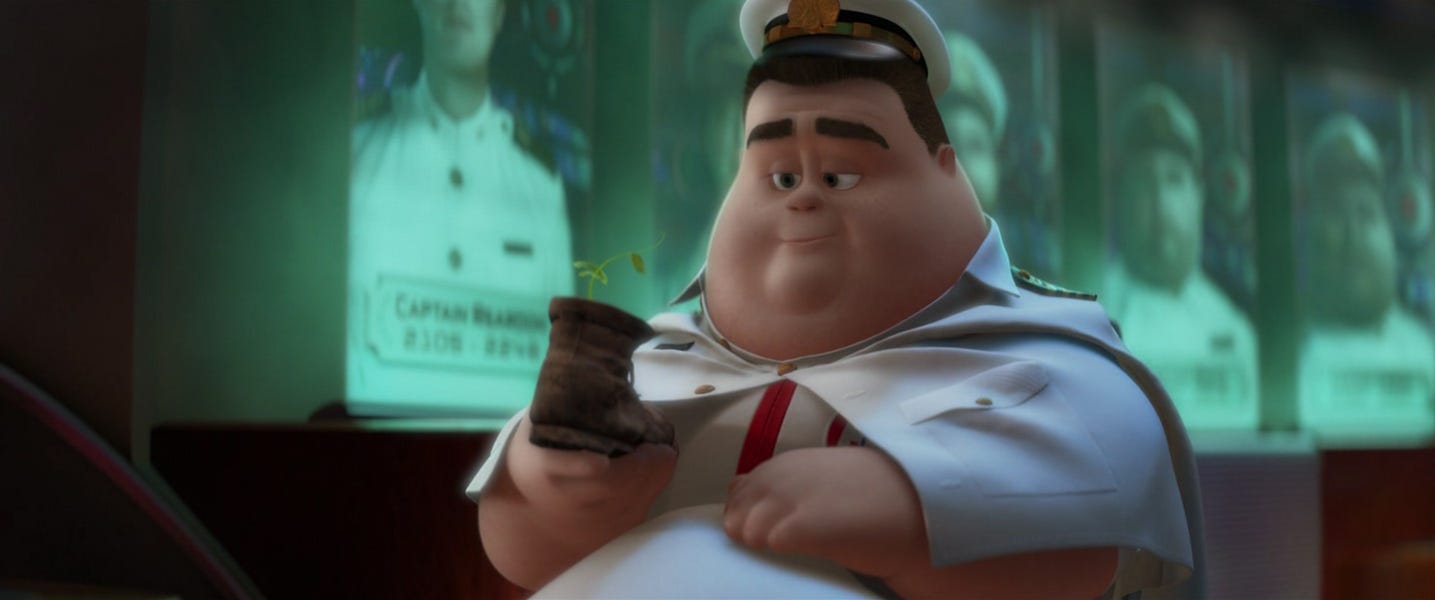 The Captain in Wall-e looks at the plant